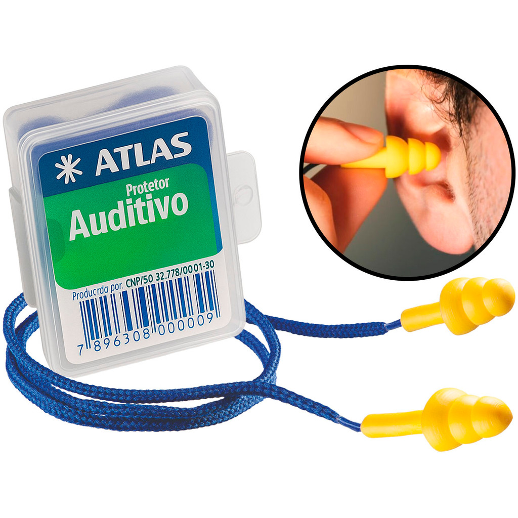 Protetor Auricular Ouvidos Tipo Plug Abafador Plástico Com Cordão Em Tecido Redução De Ruídos Atlas	 em Oferta na Shopee