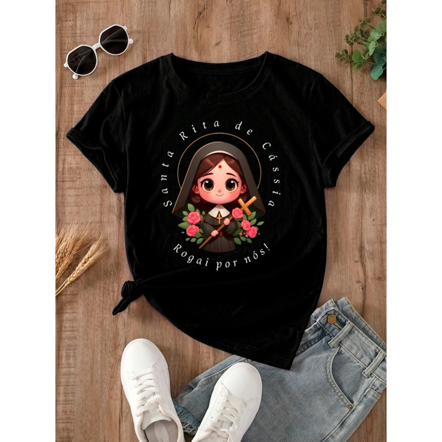 Camiseta Católica Religiosa Santa Rita de Cássia "Rogai por nós!" Camisa 100% Algodão Pronta Entrega