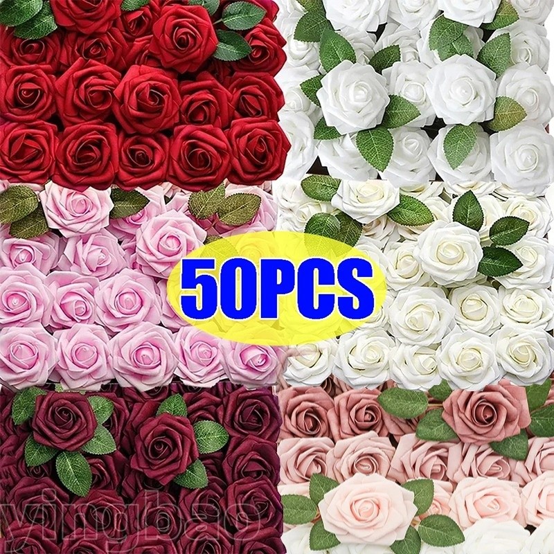 50 Peças Atacado Flores Artificiais Rosas Espuma Falsas Com Haste Para DIY Dia Dos Namorados Das Mães Buquês De Casament