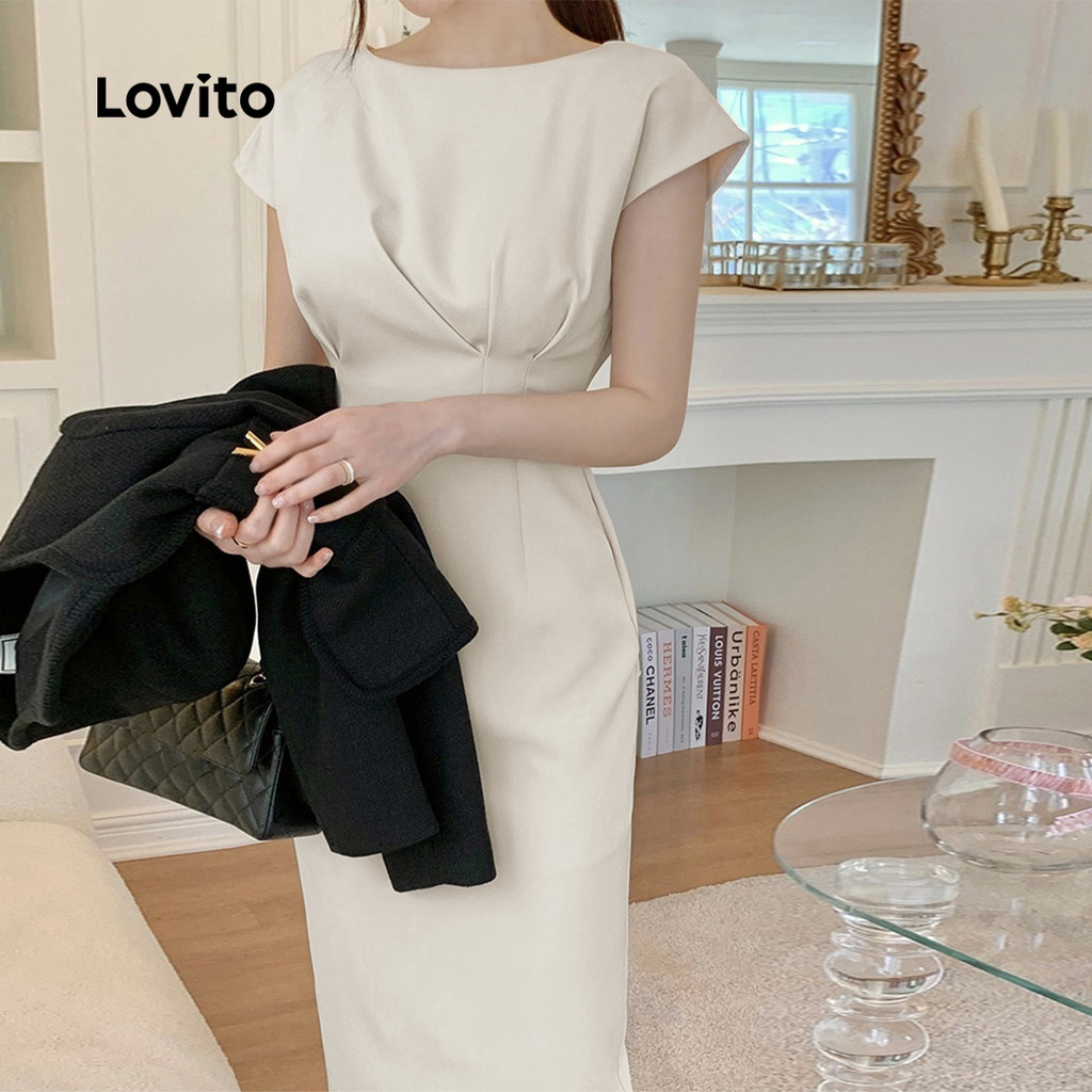 Detalhes do Lovito Refine Vestido Elegante Plissado Verão Primavera Damasco Feminino L134ED617
