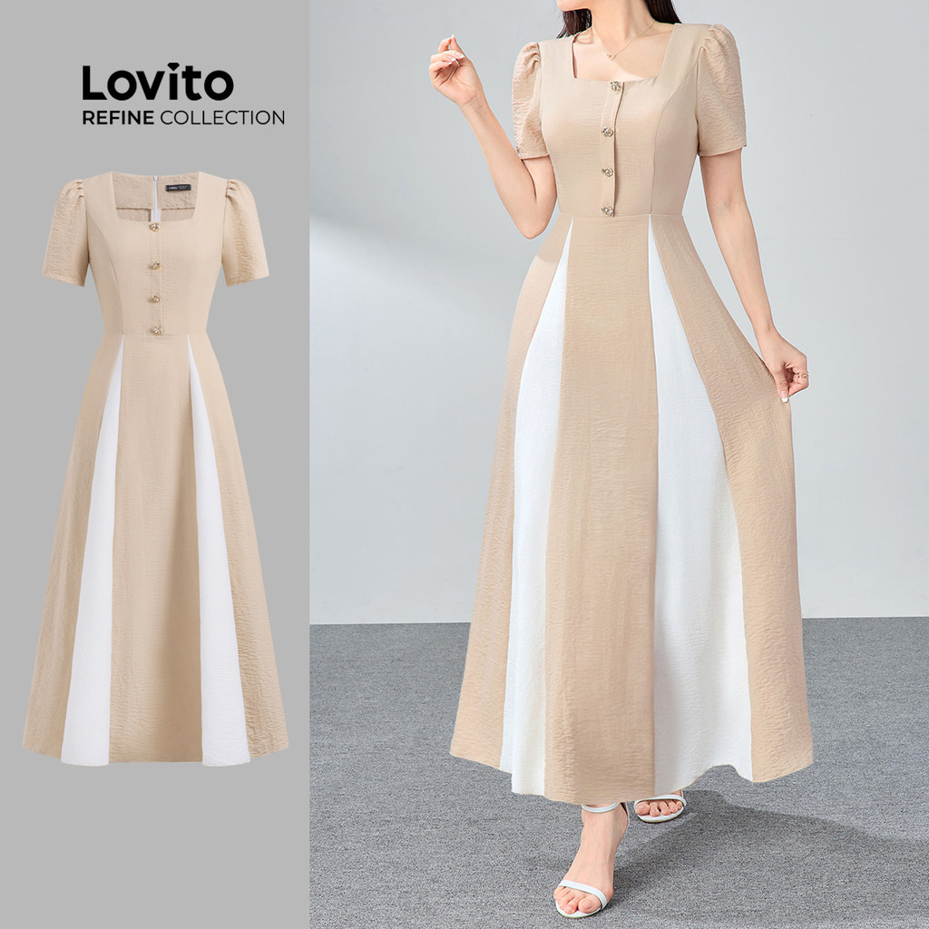 (Lovito Refine) Vestido Elegante Liso Colorblock Com Botão Primavera/Verão Cáqui Para Mulheres LR11ED016 em Oferta na Shopee