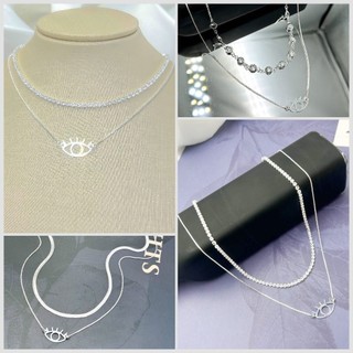 KIT 2 Choker Colar de Riviera Cristal Zircônia + Colar Olho Grego Vazado Minimalista Feminino Banhado em Prata 925