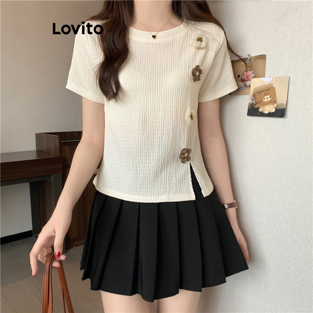 (Trendy) Lovito Camiseta Casual Com Pregas De Flores Lisas Para Mulheres LNA66479 (Multicolorido) em Oferta na Shopee