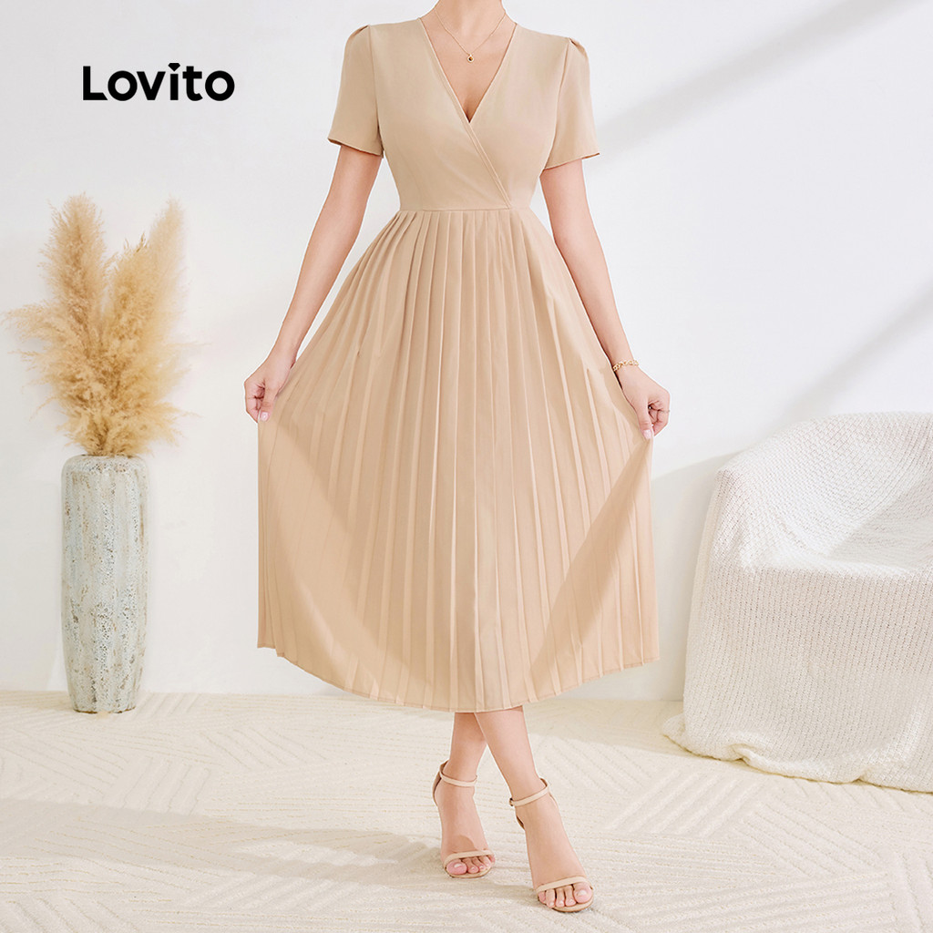 Lovito Vestido Elegante Liso Plissado Para Mulheres LBL24290 - Women Clothes