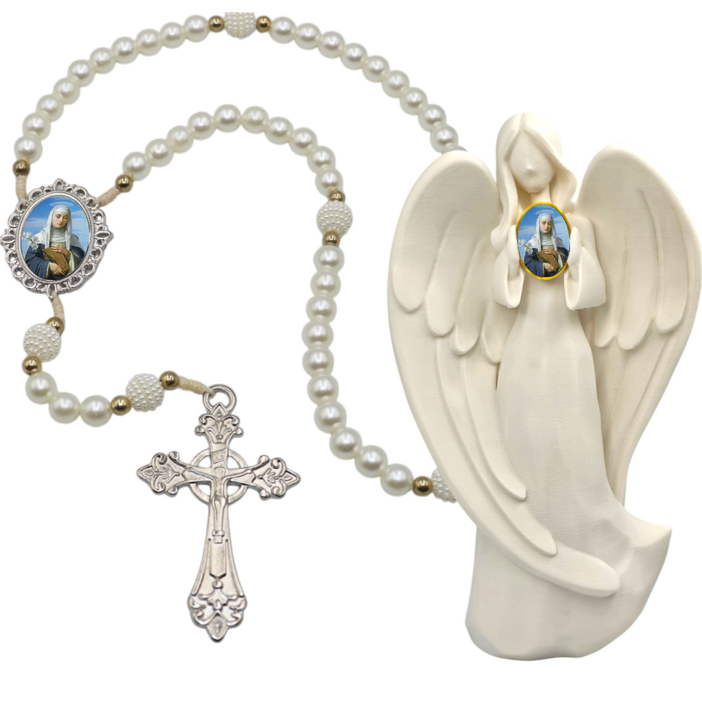 Terço Oraçao Luxo com Imagem Anjo  Santa Catarina de Sena  Decoração Casa Capelinha Cantinho de oração Catolica