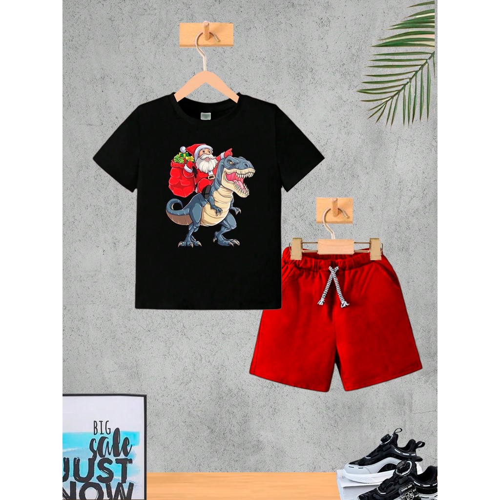 Conjunto Infantil Vermelho Noel Dino Menino Camiseta e Bermuda Roupa Criança Masculino Verão
