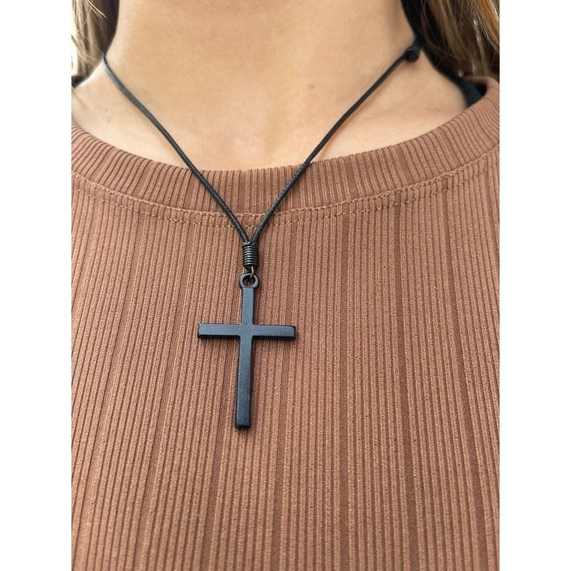 Colar de Cruz Crucifixo Preto Prata Cordão Regulável Masculino Feminino em Oferta na Shopee