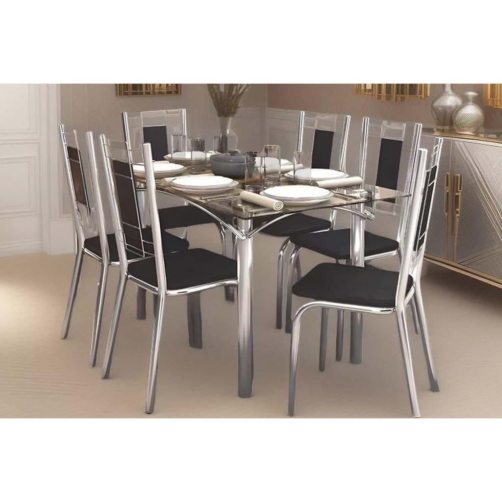 Sala de Jantar Completa Elba c/ Tampo de Vidro 80x150cm e 6 Cadeiras Florença Cromada - Courano Preto - Kappesberg em Oferta na Shopee