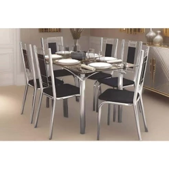 Sala de Jantar Completa Elba c/ Tampo de Vidro 80x150cm e 6 Cadeiras Florença Cromada - Courano Preto - Kappesberg
