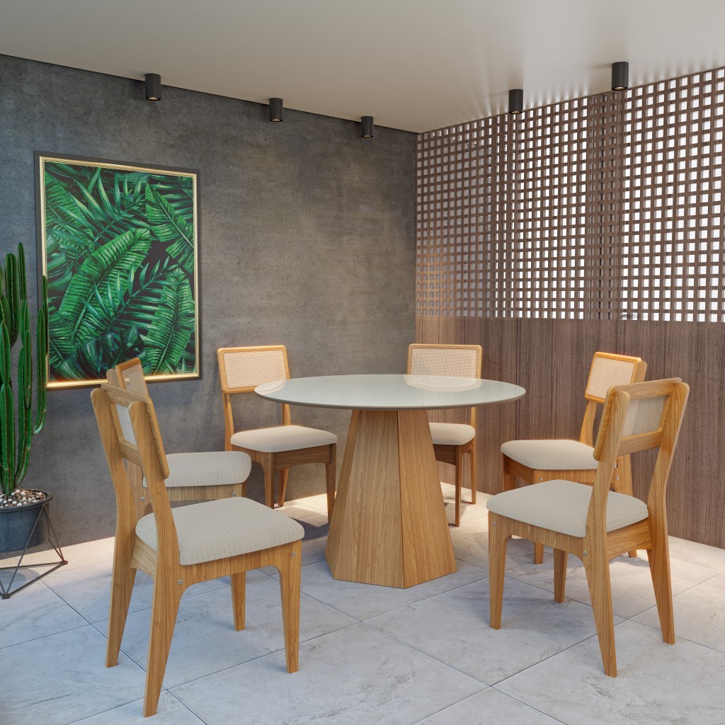 Conjunto Sala de Jantar Mesa Lisboa Base Hexagonal com 6 Cadeiras Tela Sintética Freijó/Off White/Bege Claro Rústico em Oferta na Shopee
