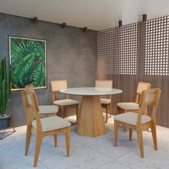 Conjunto Sala de Jantar Mesa Lisboa Base Hexagonal com 6 Cadeiras Tela Sintética Freijó/Off White/Bege Claro Rústico