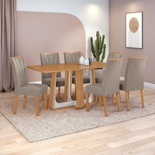 Conjunto Sala de Jantar Mesa Easy Pop 170x90cm Tampo MDF com 6 Cad Confort Suede Bege Amêndoa/Off