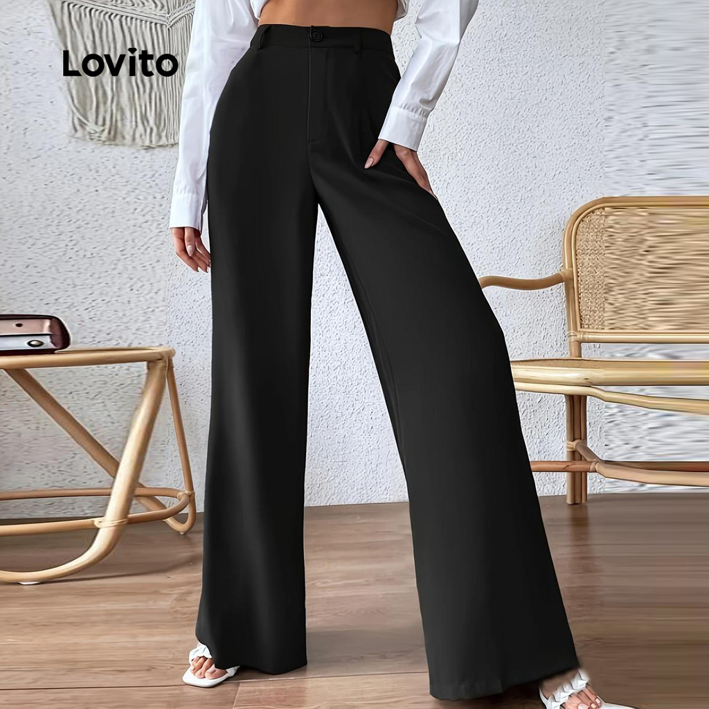 Lovito Calça Elegante Curva Plus Size Calça Linha De Estrutura Lisa Para Mulheres LNE99064 - Women Clothes