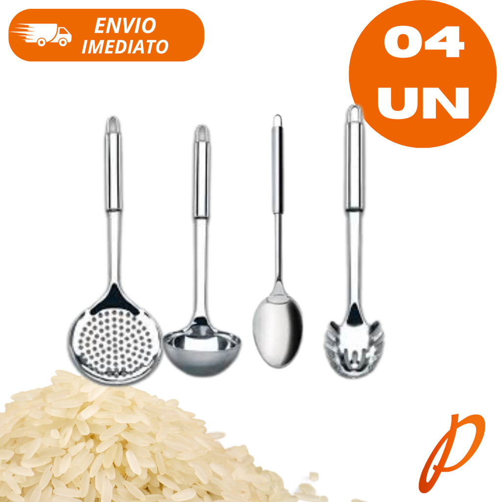 4 Utensílios Em Aço Inox Premium Concha - Colher de Servir - Pegador de massa - Pegador Serrilhado