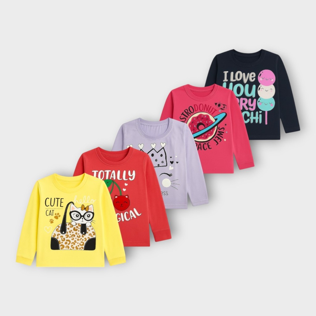 Kit 5 Camisetas Menina Manga Longa Em Algodão Com Punho Estampa Infantil Sortida E Colorida
