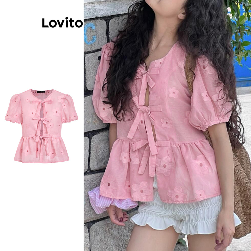 Lovito Blusa Fofa Com Bordado Floral E Apliques Blusa Frontal Para Mulheres L101AD357 - Women Clothes