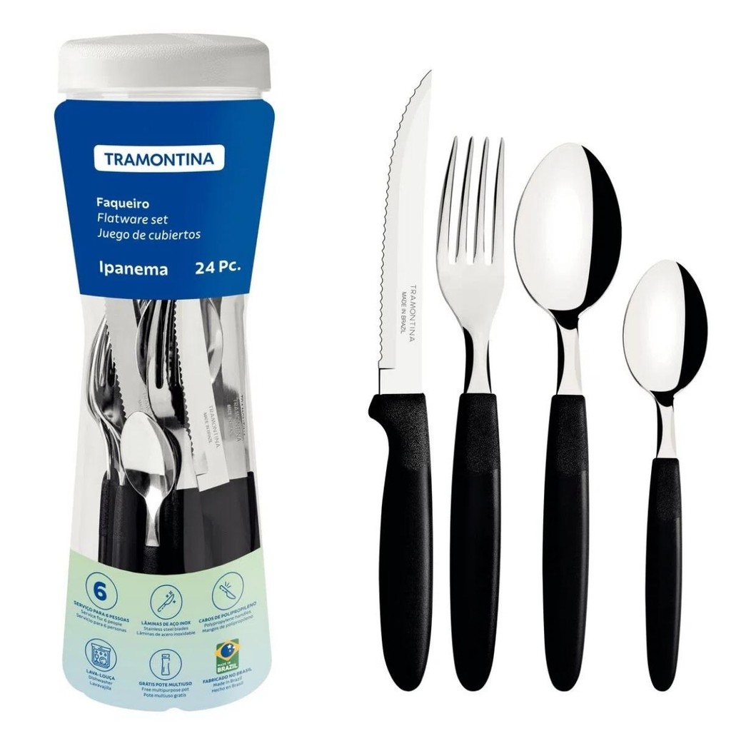 Faqueiro Tramontina Ipanema Lâminas Aço Inox e Cabos de Polipropileno Preto Pote 24 Peças 23399091 em Oferta na Shopee