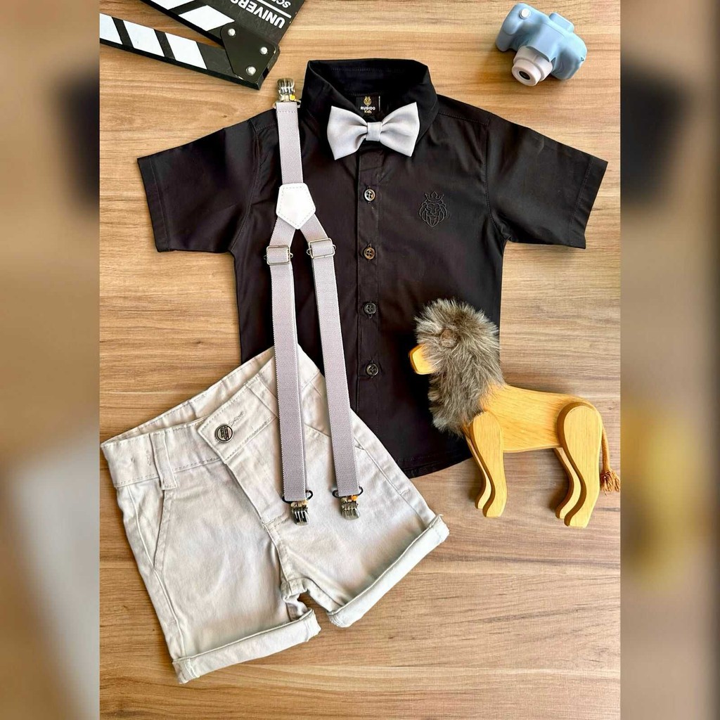 Conjunto Social Bermuda Nude com Camisa Preta e Kit Gravata e Suspensório Infantil