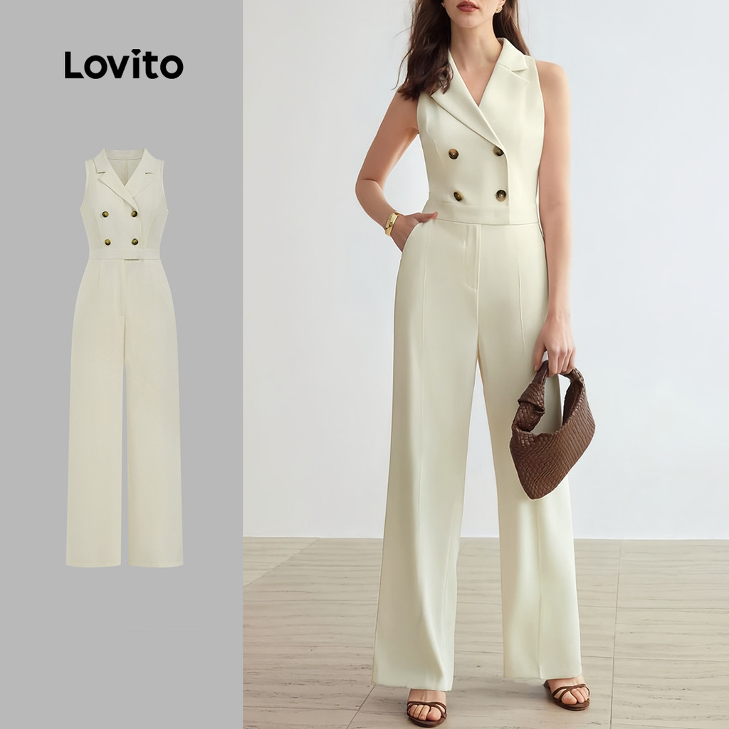 Lovito Macacão Elegante Com Bolso Liso E Botão Para Mulheres LBL24161 - Women Clothes