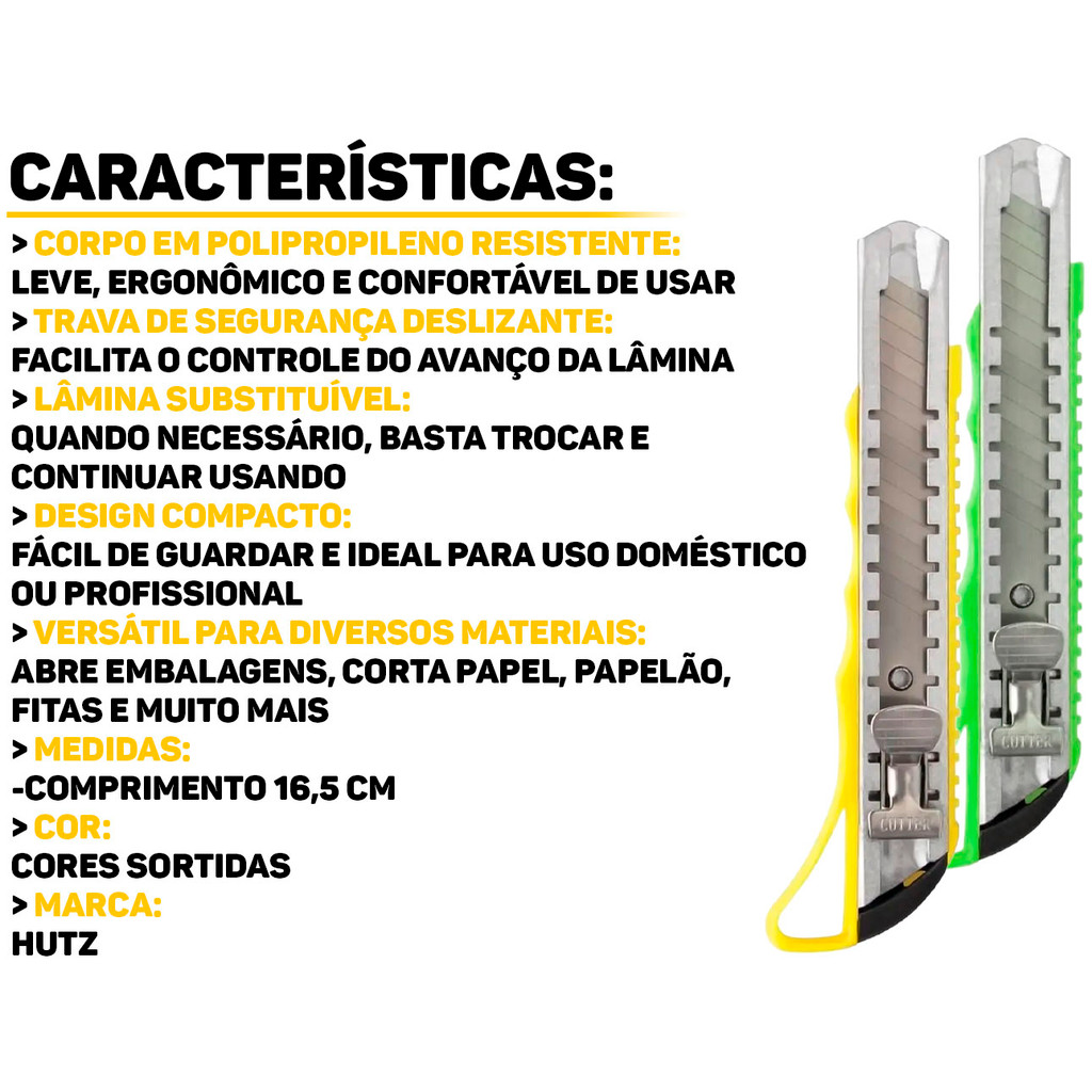 Estilete Plástico Profissional Doméstico Multiuso Lâmina Em Aço Carbono Com Trava Hutz — imagem 2 de 2