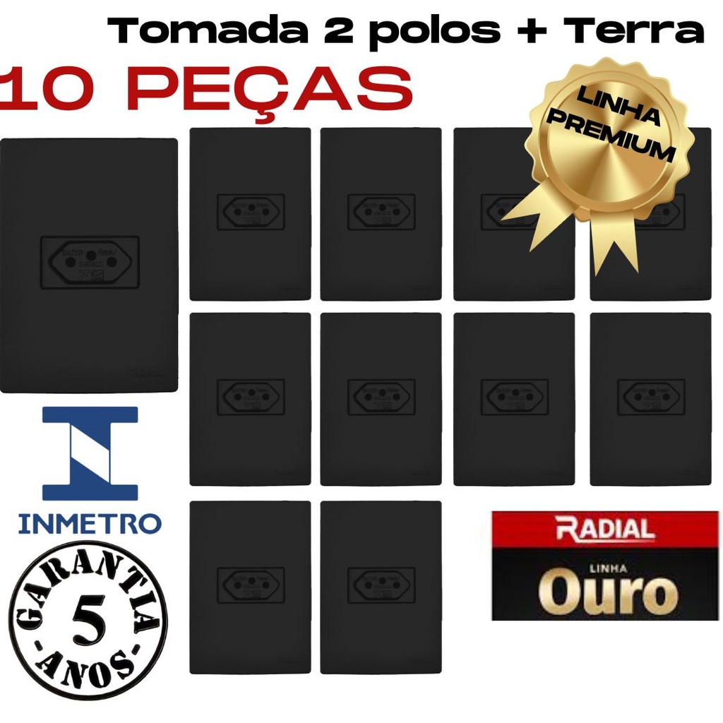 Kit 10 Tomadas 2 Polos + Terra 10A Linha Ouro Preto Fosco Modular 4x2 Com Placa 110-220v
