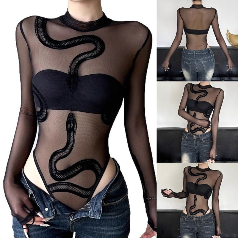 CM Body Feminino Malha Transparente Comprida Macacão Collant Clubwear