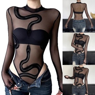 CM Body Feminino Malha Transparente Comprida Macacão Collant Clubwear