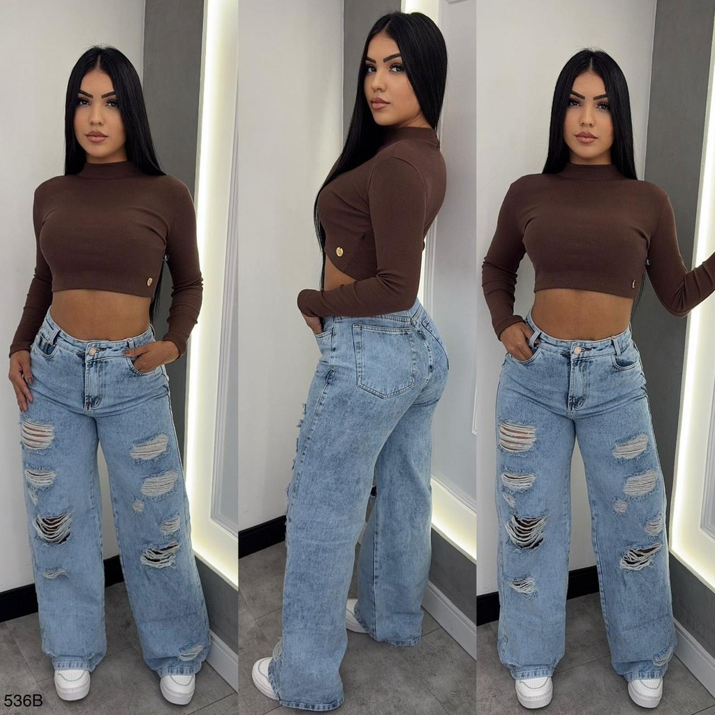 Calça wid leg jeans destroyde rasgada pimenta original calça larga feminina