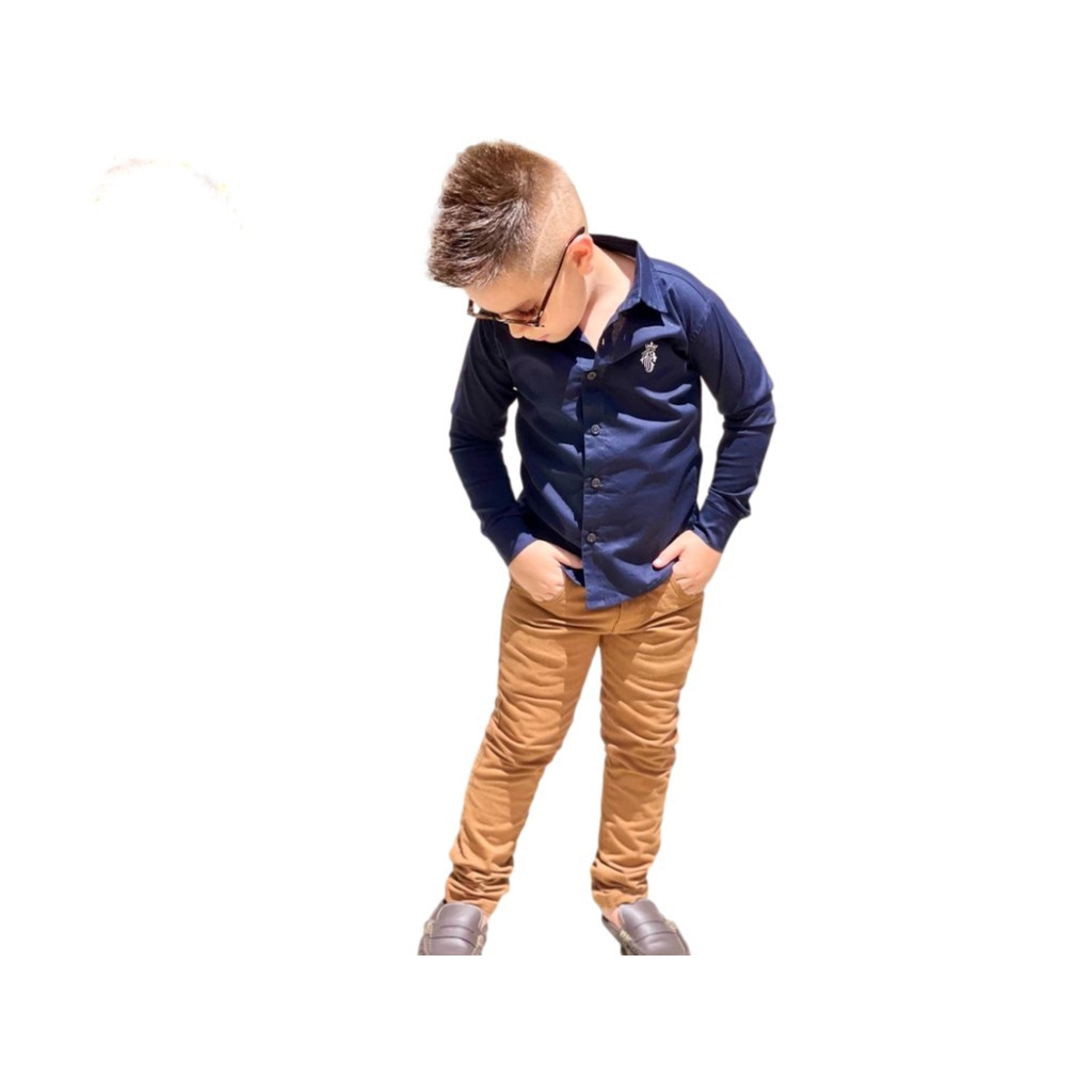 Roupa Social Infantil Casamento Calça Caramelo + Camisa Manga Longa Azul Marinho Menino