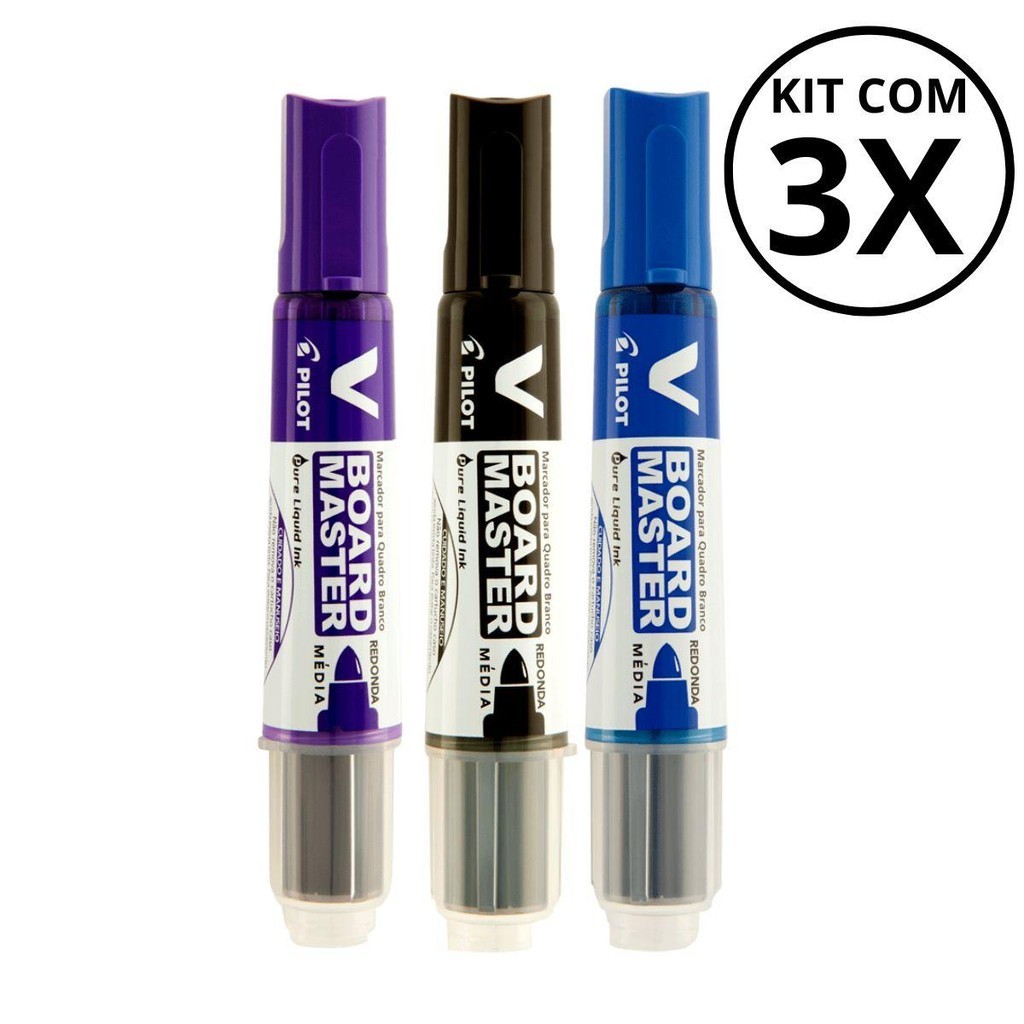 Kit com 3 Marcadores Para Quadro Branco - PILOT/ PILOTO KITS:AZUL+PRETO+VIOLETA
