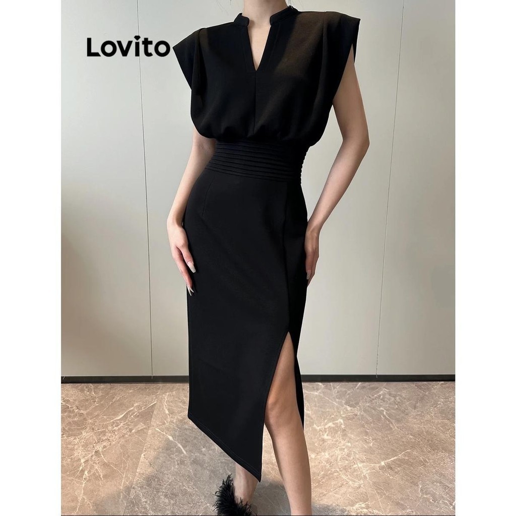 (Trendy) Lovito Vestido Elegante Vestido Liso Dividido Para Mulheres LNE58064 em Oferta na Shopee