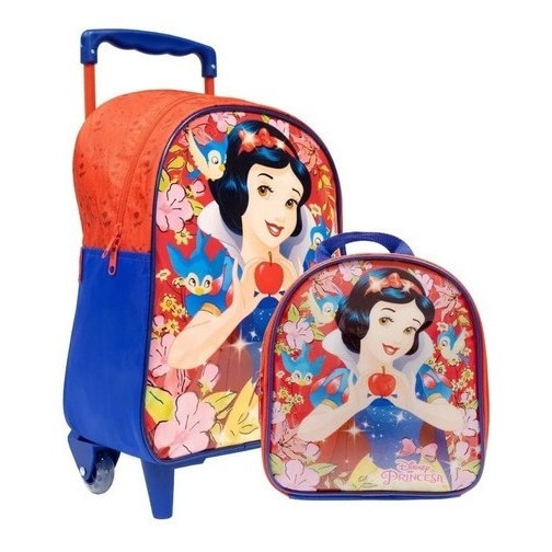 Kit Mochila Escolar Menina Rodinhas Lancheira Branca De Neve
