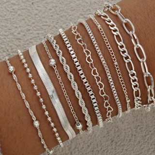 BLOSSOM Conjunto de 11 peças com coração oco, pulseira redonda, corrente de Metal geométrica exclusiva, uso multicamadas em Oferta na Shopee