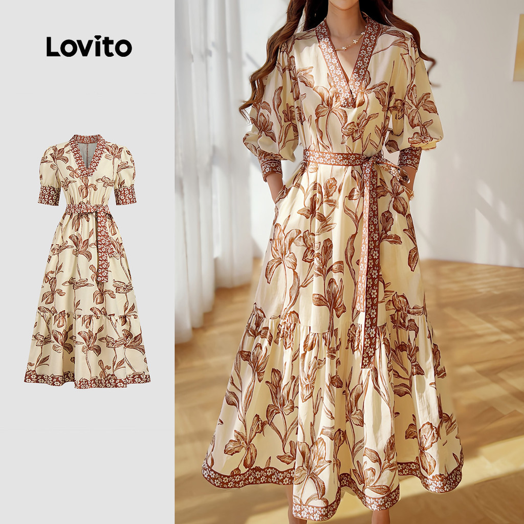 (Trendy) Lovito Elegante Vestido Floral Com Cinto Costura Verão Primavera Marrom Para Mulheres LBL25104