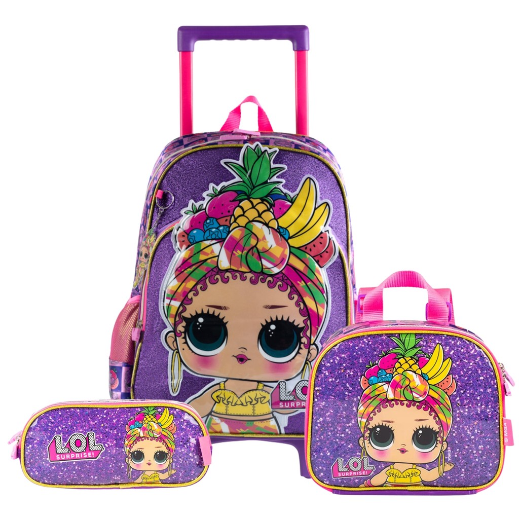 Kit Mochila Rodinhas + Lancheira + Estojo LOL Premium Roxo em Oferta na Shopee