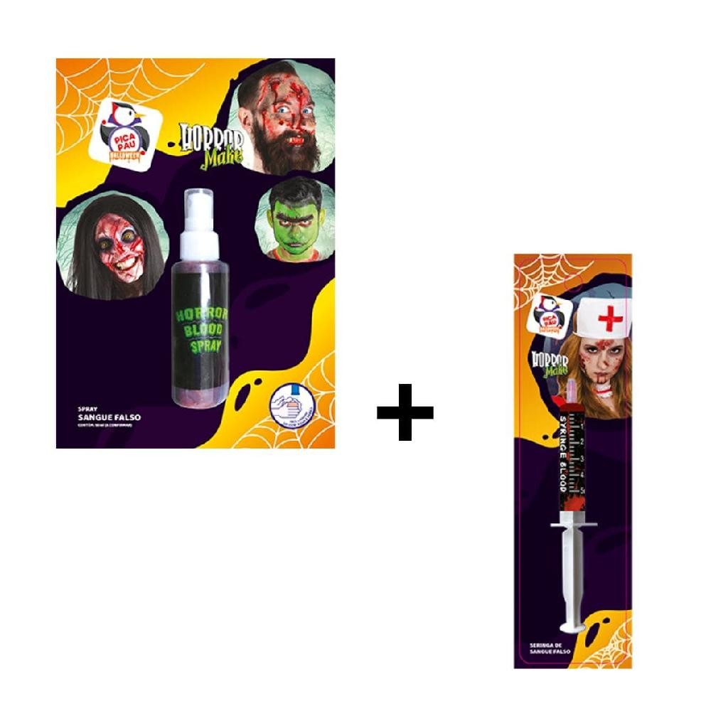 Kit Sangue Falso Maquiagem Halloween com 1 Frasco Spray 59ml + 1 Seringa 5ml
