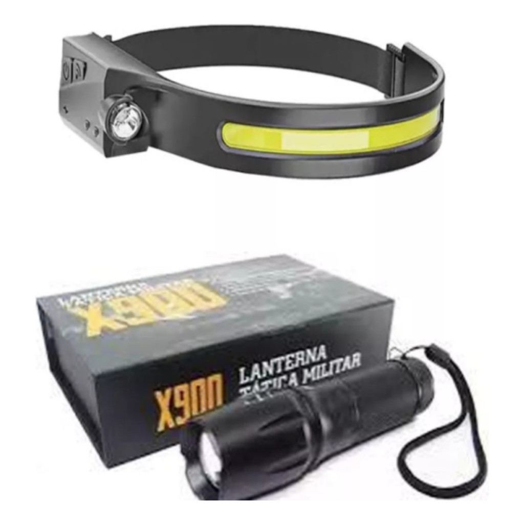 Kit 1 Lanterna Led X900 + 1 Lanterna De Cabeça Potente Usb