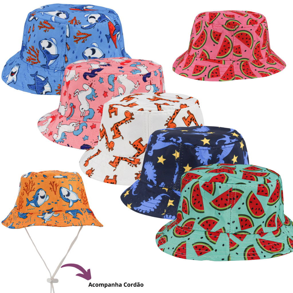 Chapéu Bucket Bebê Infantil Praia Proteção Solar Uv Estampa Girafa Unicornio Tubarão Dino -mr