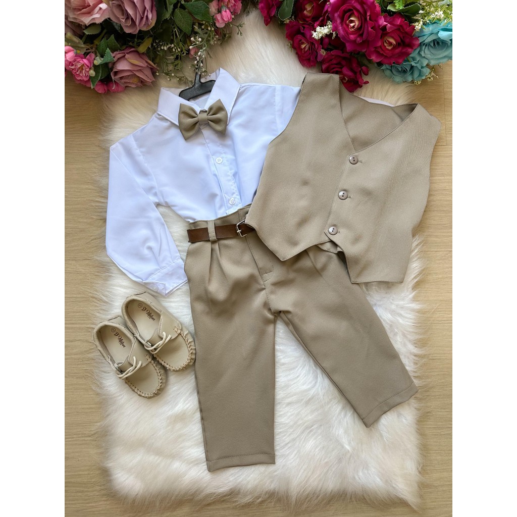 Conjunto Social Infantil Bege/Marrom Completo Menino Miss Cherry Colete Casamentos, Festa e Formaturas