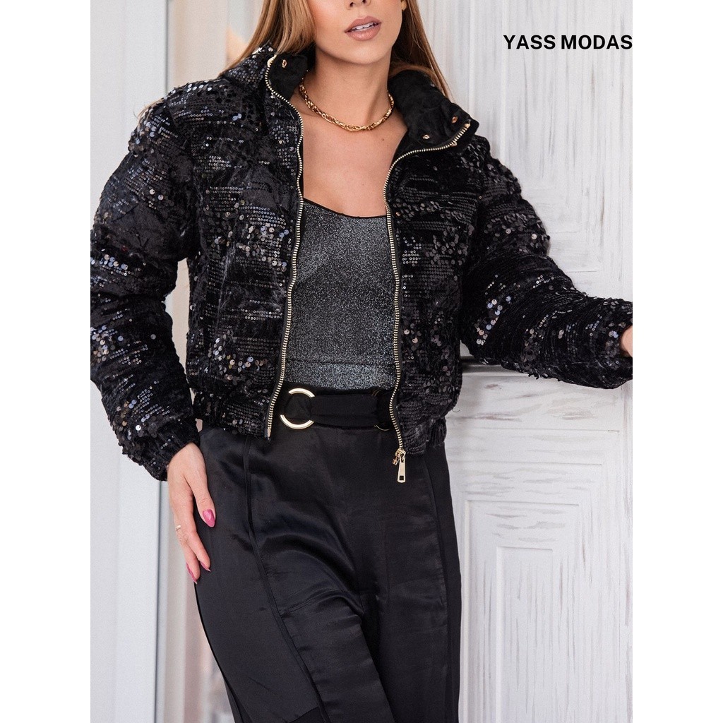 Jaqueta Puffer Feminina Bobojaco Coberta por Paetê em Oferta na Shopee