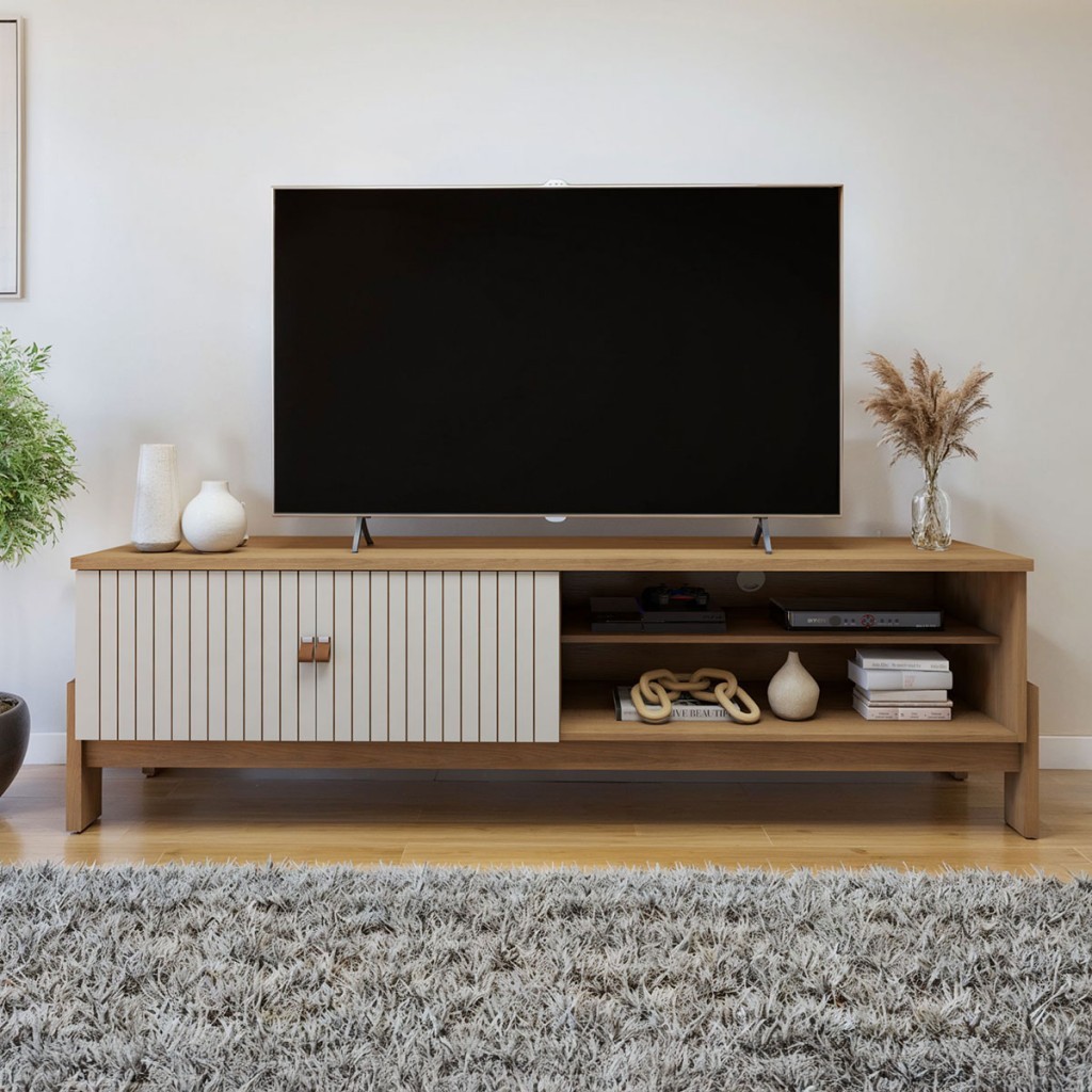 Rack para TV Até 55 Polegadas Ouro Preto 2 Portas Cinamomo/Off White - Valdemoveis - Home & Living