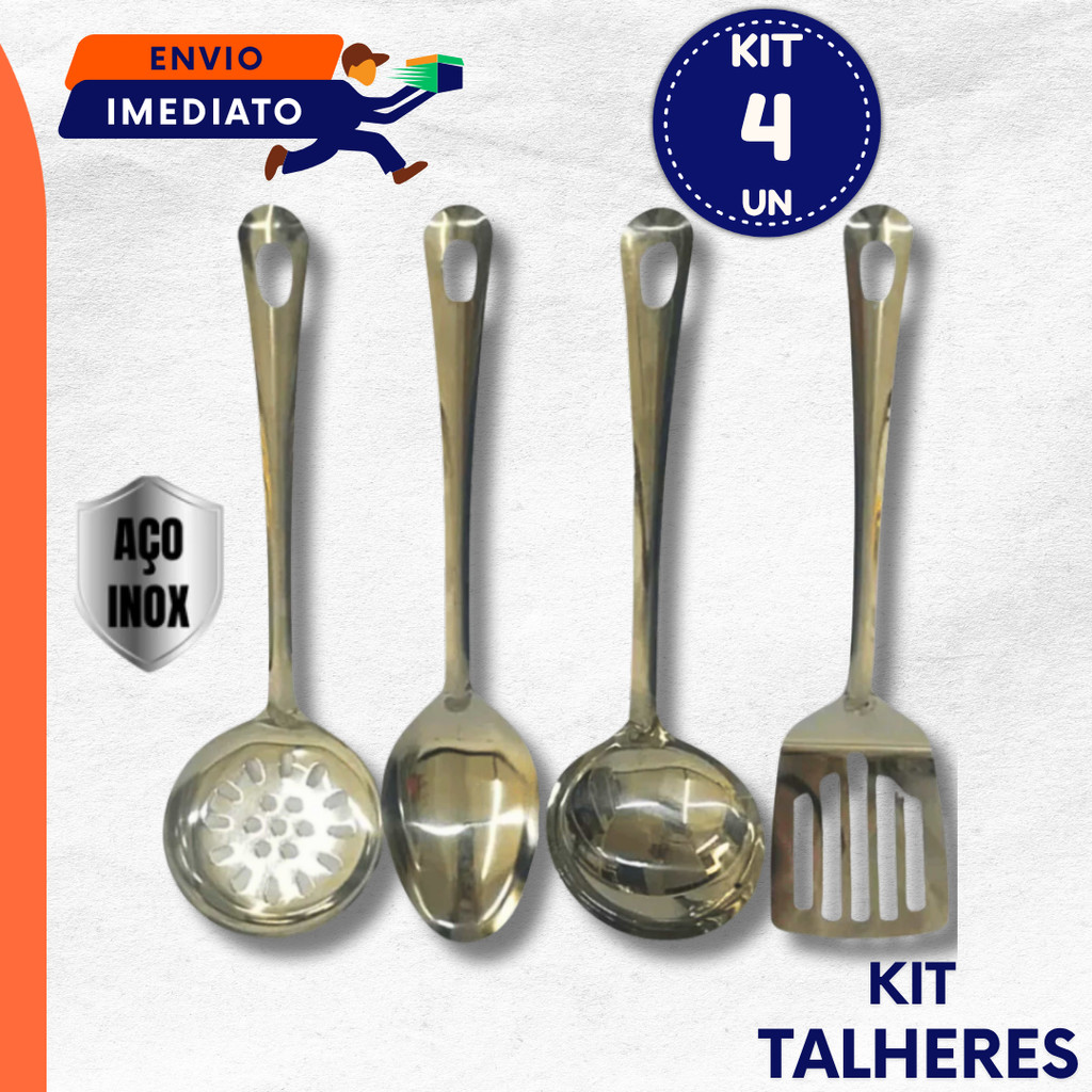 Jogo 3 ou 4 Un Utensílios em Aço Inox Para Servir Colher Concha Escumadeira Espátula e Espátula Vazada Bolo Massa Feijão