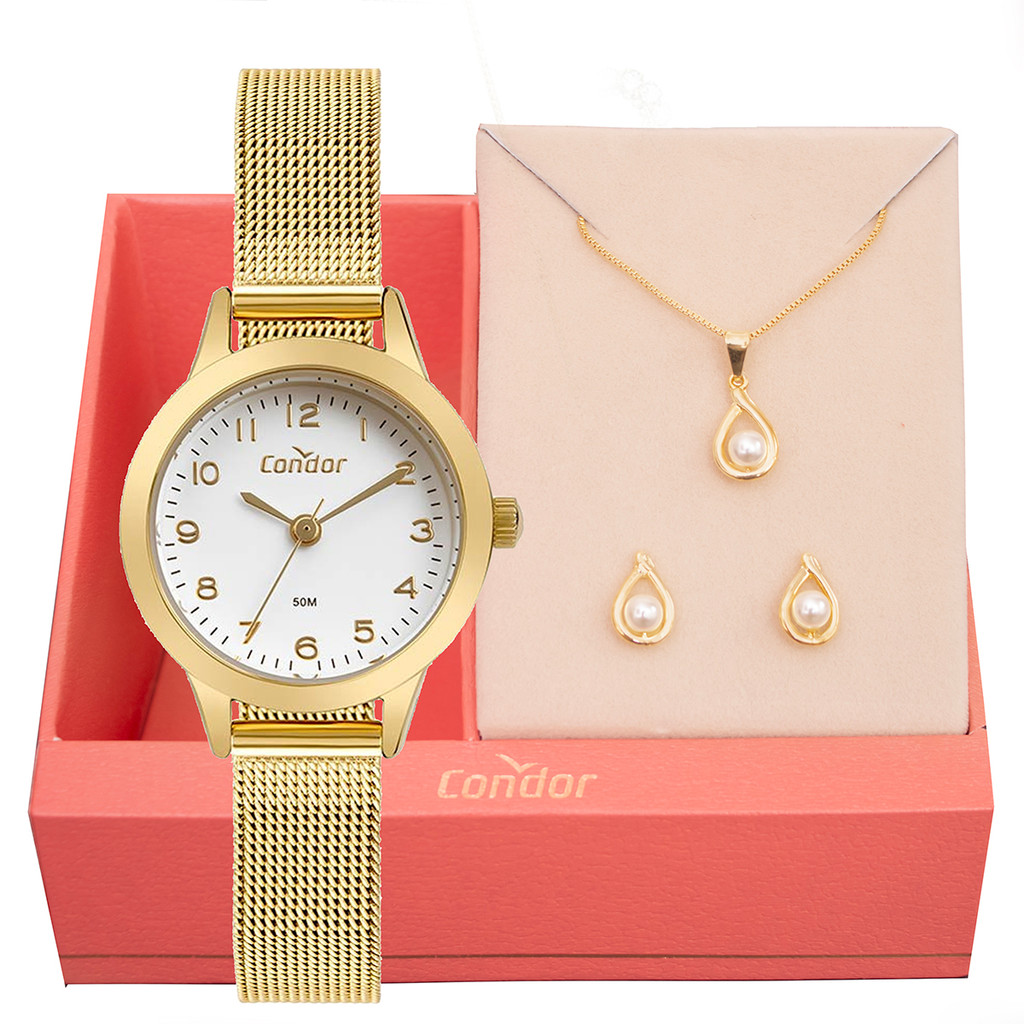 Relógio Feminino Condor Pequeno Dourado +  Colar e Brincos CO2035MZS/K4K em Oferta na Shopee
