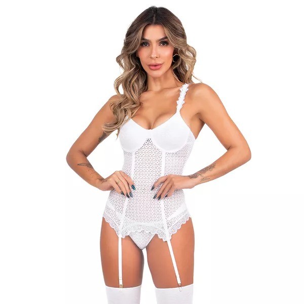 Conjunto Corpete Branco Com Calcinha e Meias Duzani 25771
