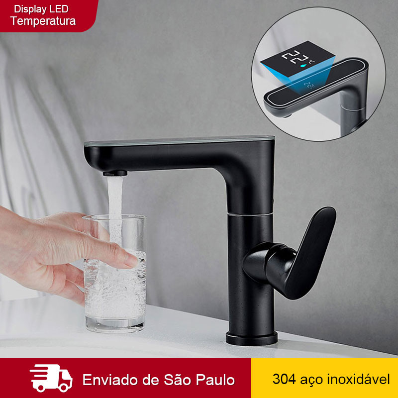 Torneira Para Cozinha Banheiro Com Visor de Temperatura Aço Inoxidável  Misturador De Água  quente e frio