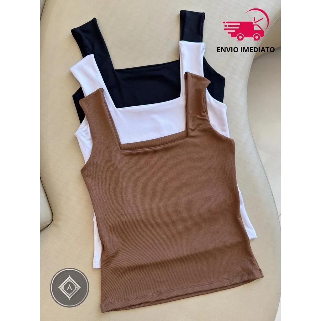 KIT 3 Blusa Regata Feminina Decote Quadrado Reto Em Suplex Premium Liso Lançamento Verão Moda Bloqueia Tendencia — imagem 1