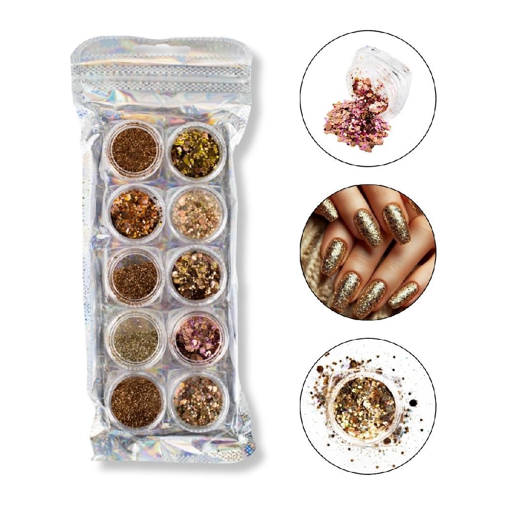 Kit 10 Glitters Flocado Fino Tons Dourado Unha Gel Decoração Nail Art Manicure