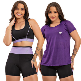 Kit 3 Peças Conjunto Feminino Top + Short e Camiseta Dry fit em Oferta na Shopee