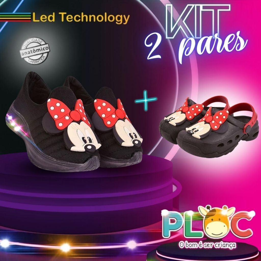 KIT 2 PARES PLOC - 1 TÊNIS LED + 1 BABUCHE MINNIE PRETO (LED01 MINNIE PRETO + BAB01 PRETO POÁ VERMELHO)