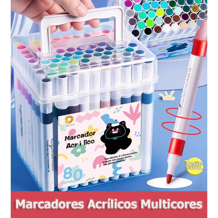 Kit 24 Marcadores Tinta Acrílica Caneta Brush Canetinha Pintar Aquarela Plástico Esola Escritório em Oferta na Shopee